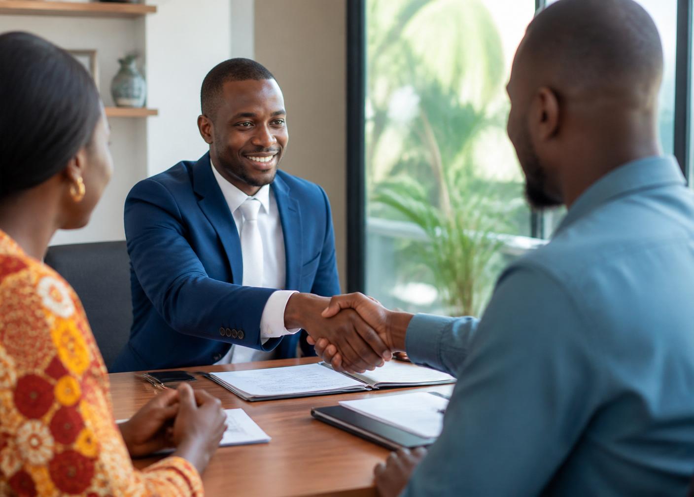 Professionnels échangeant lors d'un rendez-vous dans un bureau.