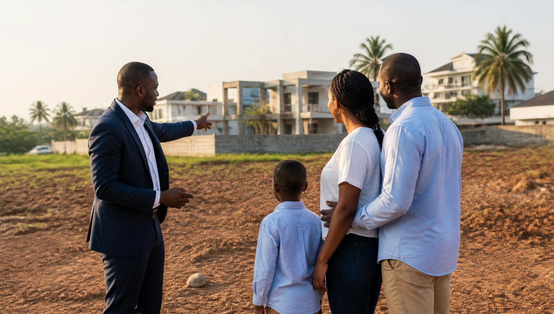 Conseiller immobilier échangeant avec une famille devant un projet immobilier.